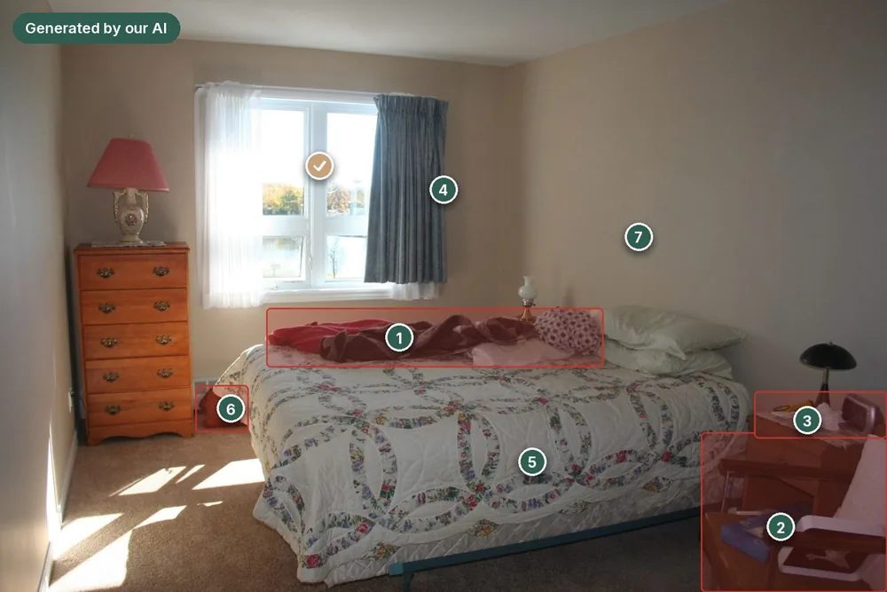 The same bedroom photo annotated by Stagenote with 7 numbered pins, red zones to clear and one thing to keep