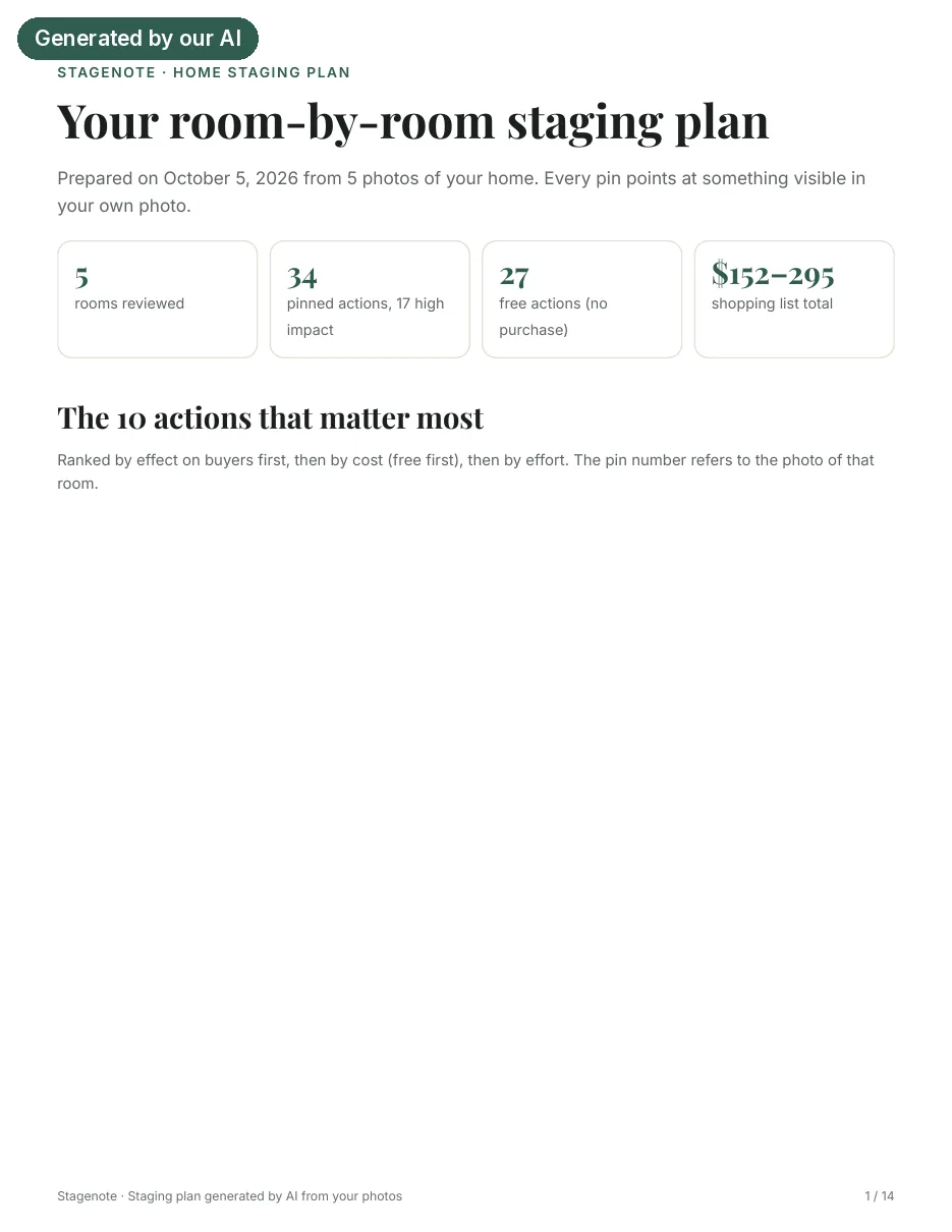First page of a real Stagenote plan: counts, the 10 actions that matter most, ranked